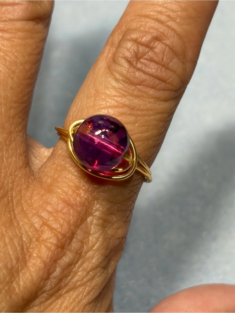 Gold Wire Ring with Purple Glass Bead